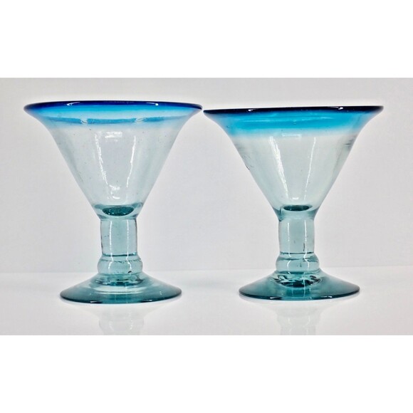 Aqua Rim Thick Hand Blown Margarita Martini Glasses Set of 2 Mint Condition 7" - Picture 8 of 8